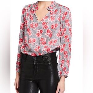 Rebecca Taylor Silk Blend Pleated Neck Coral Fleur Jacquard Blouse / 4